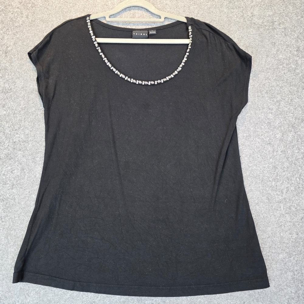 Tribal Top Womens Large Black Stretch Round Neck Sequins Casual Wear Sleeveless
